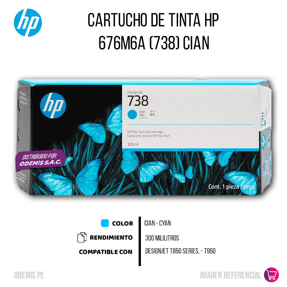 1038-0015042-2 Tinta HP 738 Cian 676M6A 300ml T850, T950 Original - Imagen 2