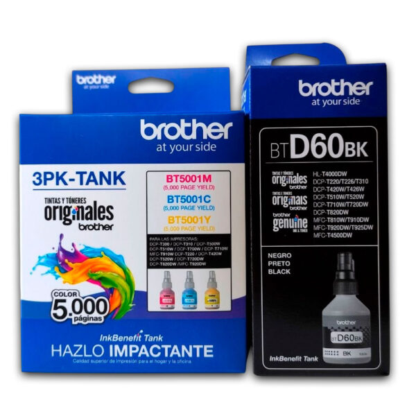 Kit Tintas Brother BT 5001 3PK Tank BTD 60BK Negro y colores Original Kit Tintas Brother BT 5001 3PK Tank BTD 60BK Negro y colores Original