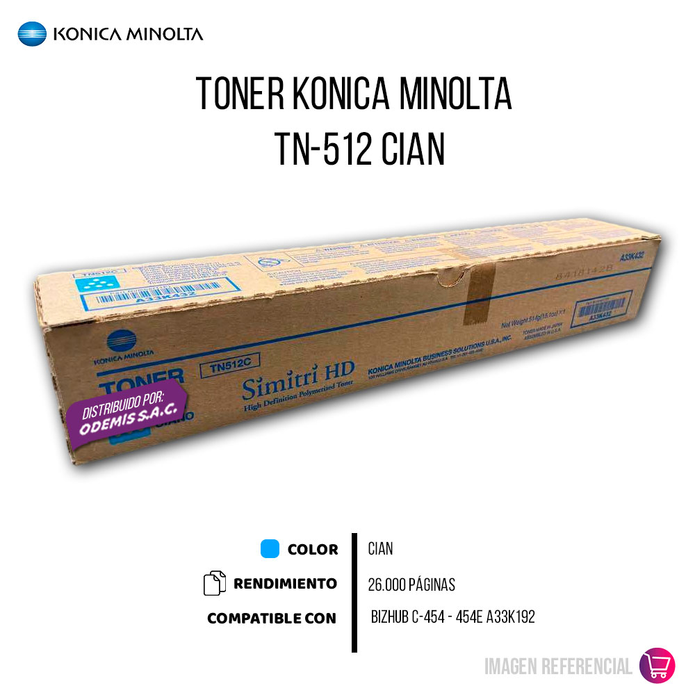 1602-001297-2 Toner Konica Minolta TN-512C Cyan 26K Pág. C258 Original - Imagen 2